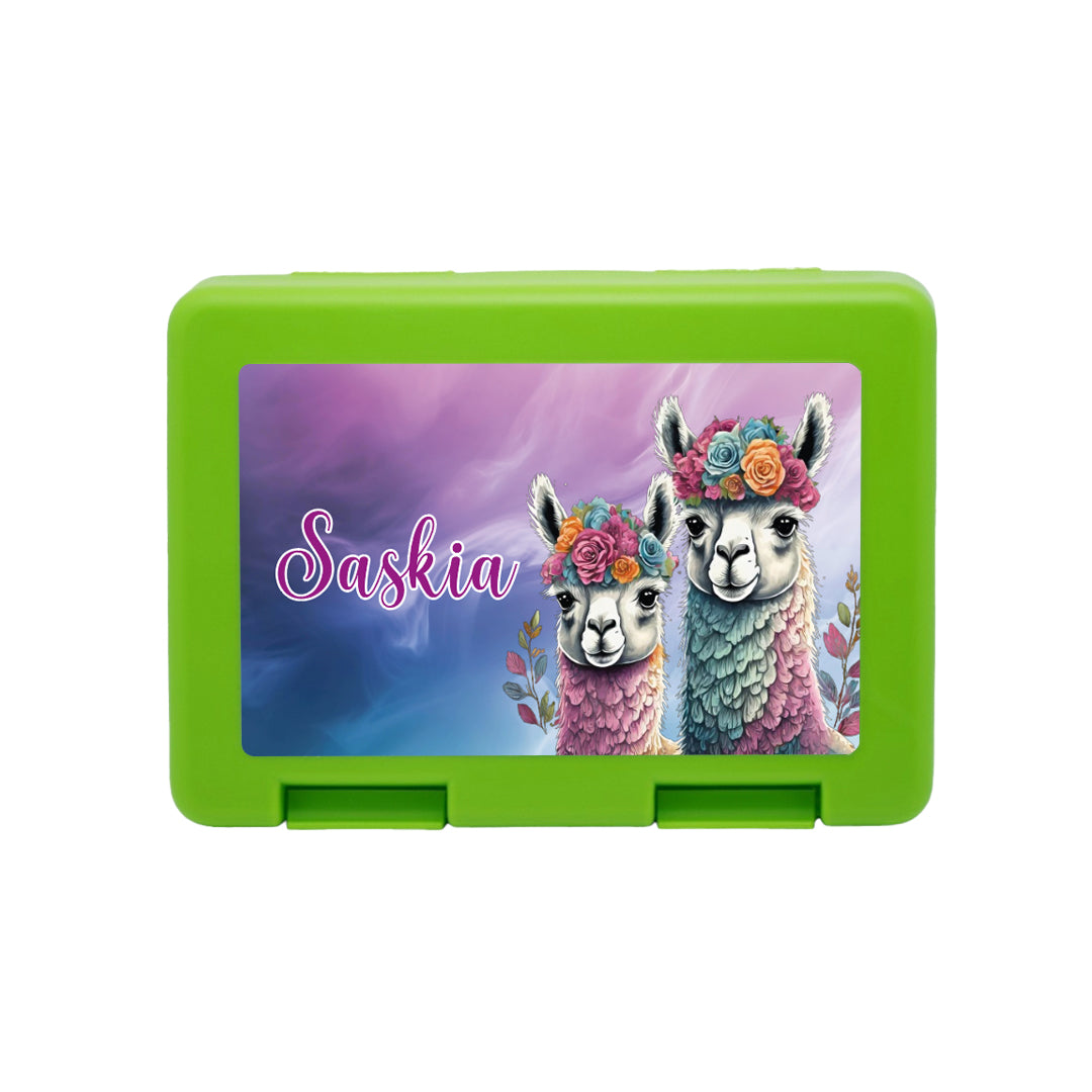 Personalisierte Brotdose mit Alpakas-Motiv