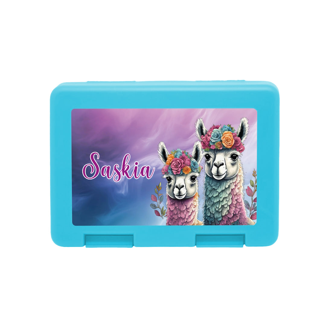 Personalisierte Brotdose mit Alpakas-Motiv