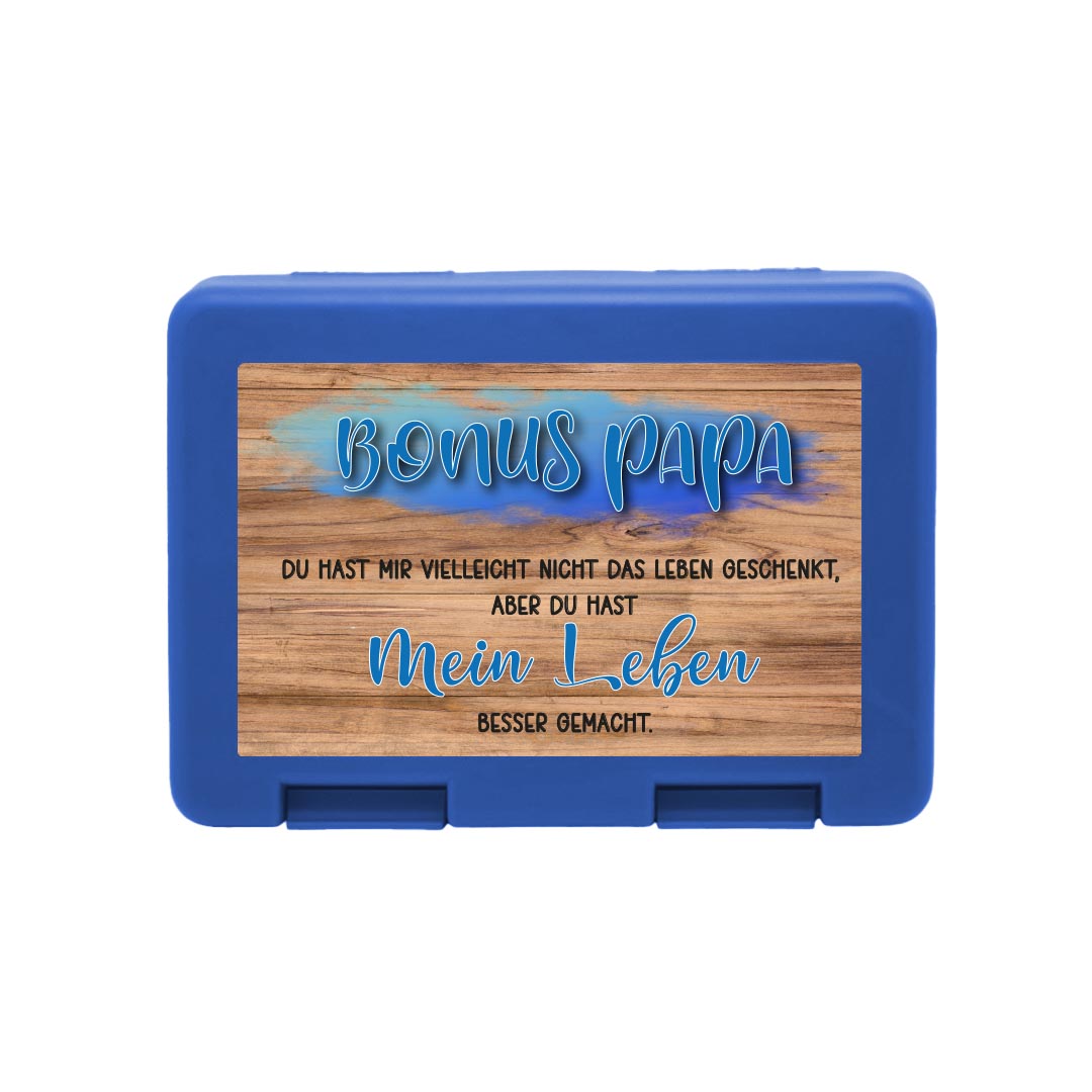 Brotdose "Bonus Papa" und Eichenholz-Hintergrund