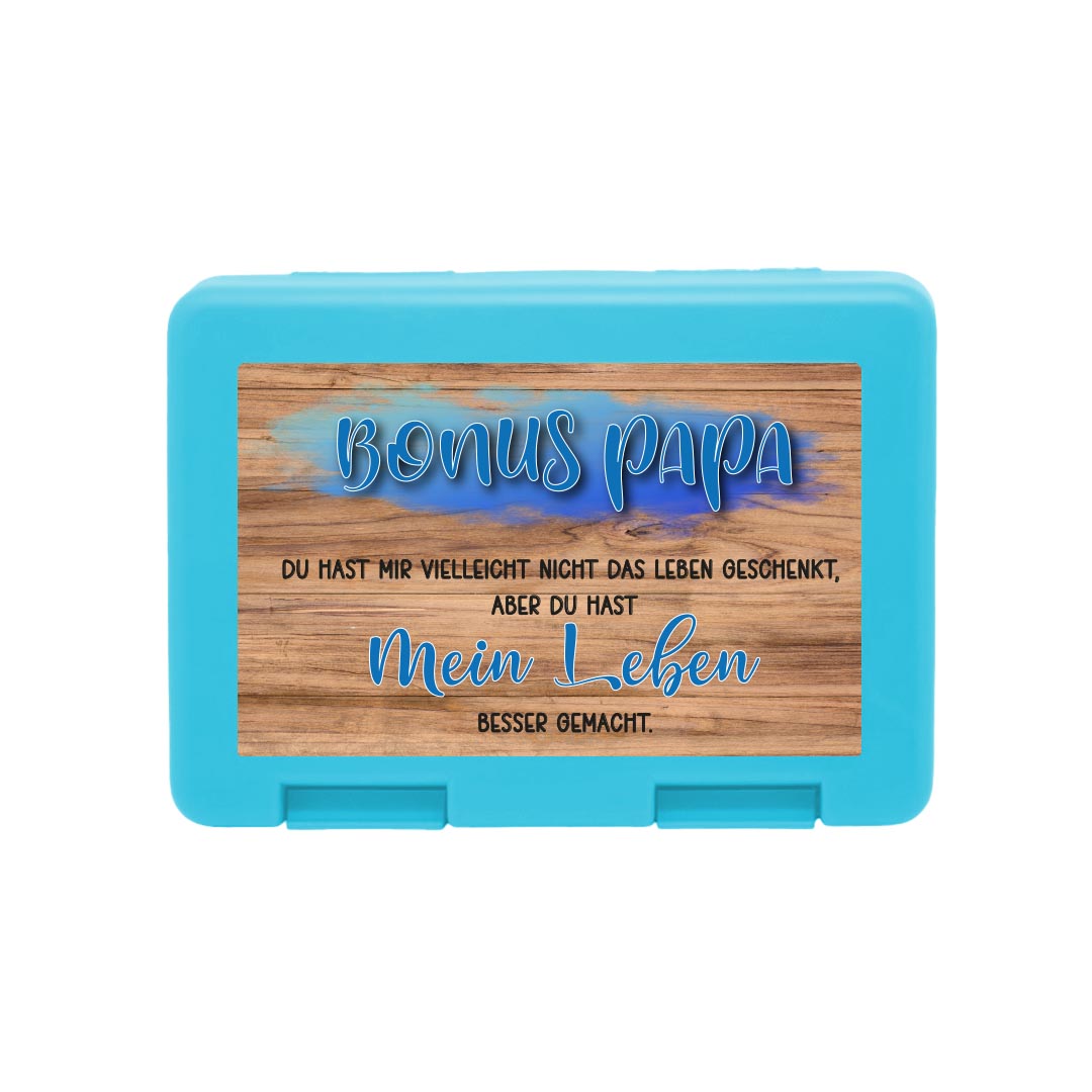 Brotdose "Bonus Papa" und Eichenholz-Hintergrund