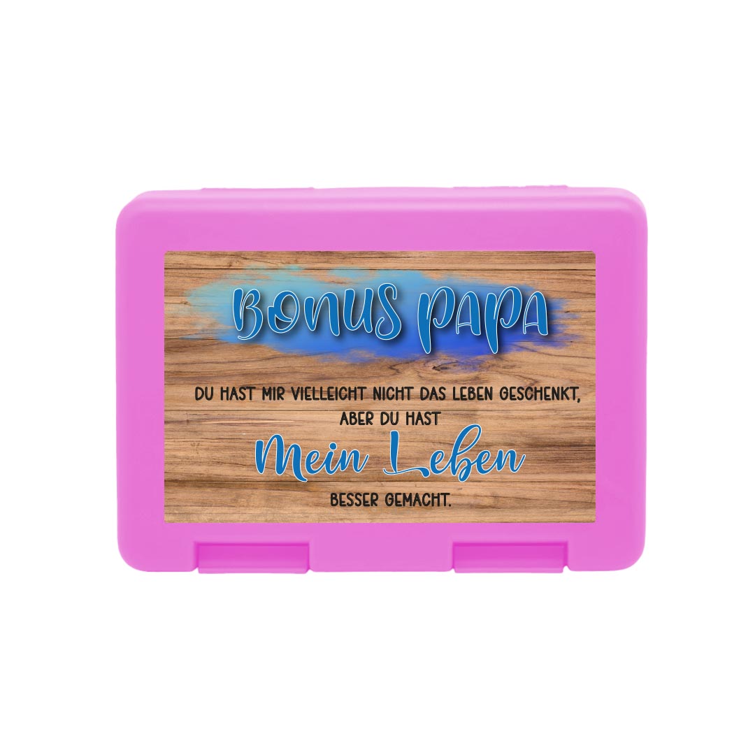 Brotdose "Bonus Papa" und Eichenholz-Hintergrund