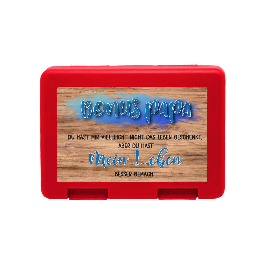 Brotdose "Bonus Papa" und Eichenholz-Hintergrund