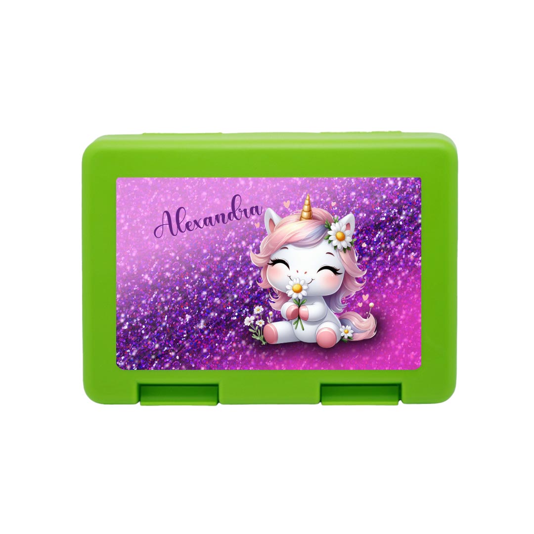 Personalisierte Brotdose mit Einhorn-Motiv