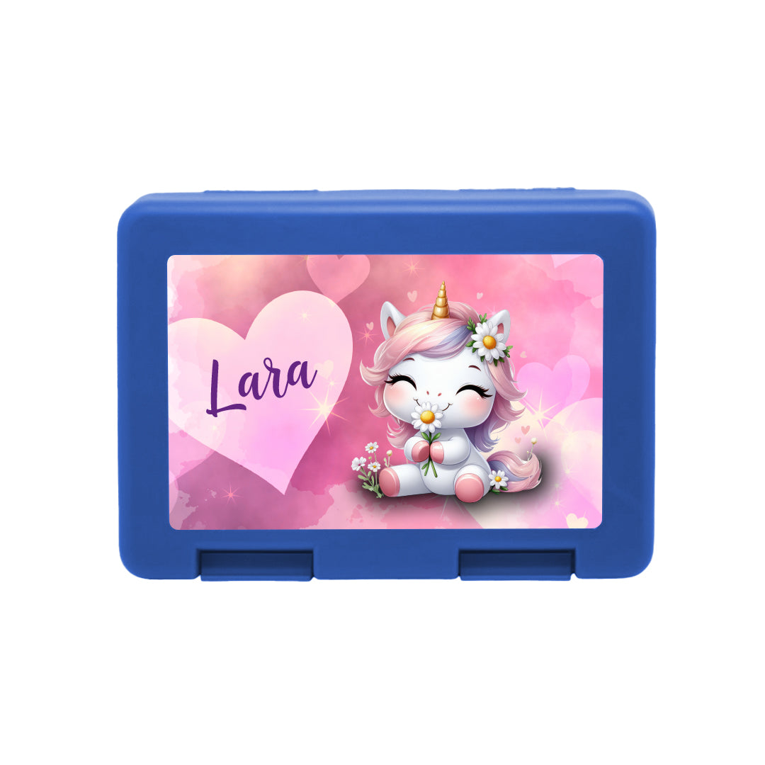 Personalisierte Brotdose mit Einhorn in Love-Motiv