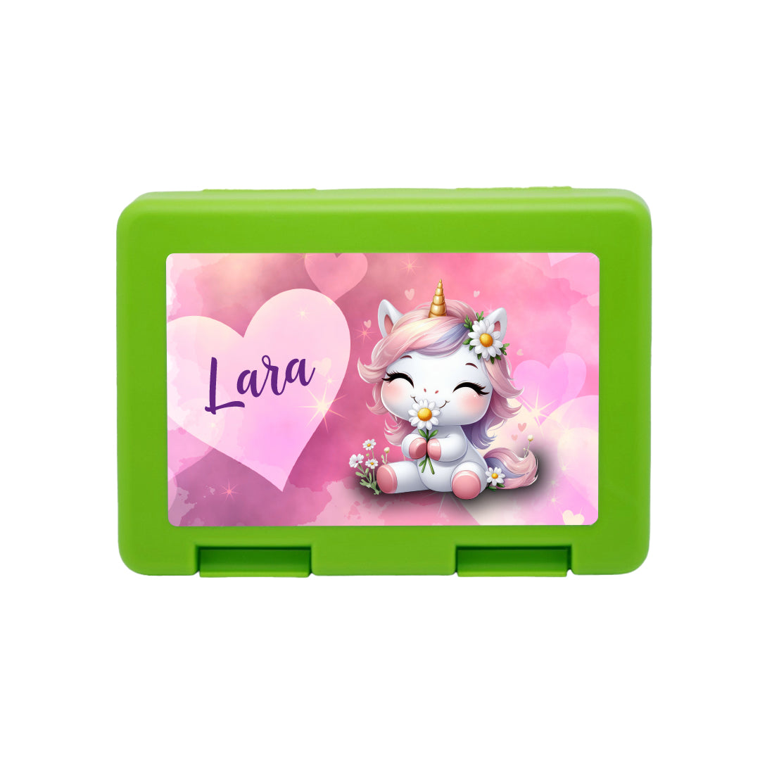 Personalisierte Brotdose mit Einhorn in Love-Motiv