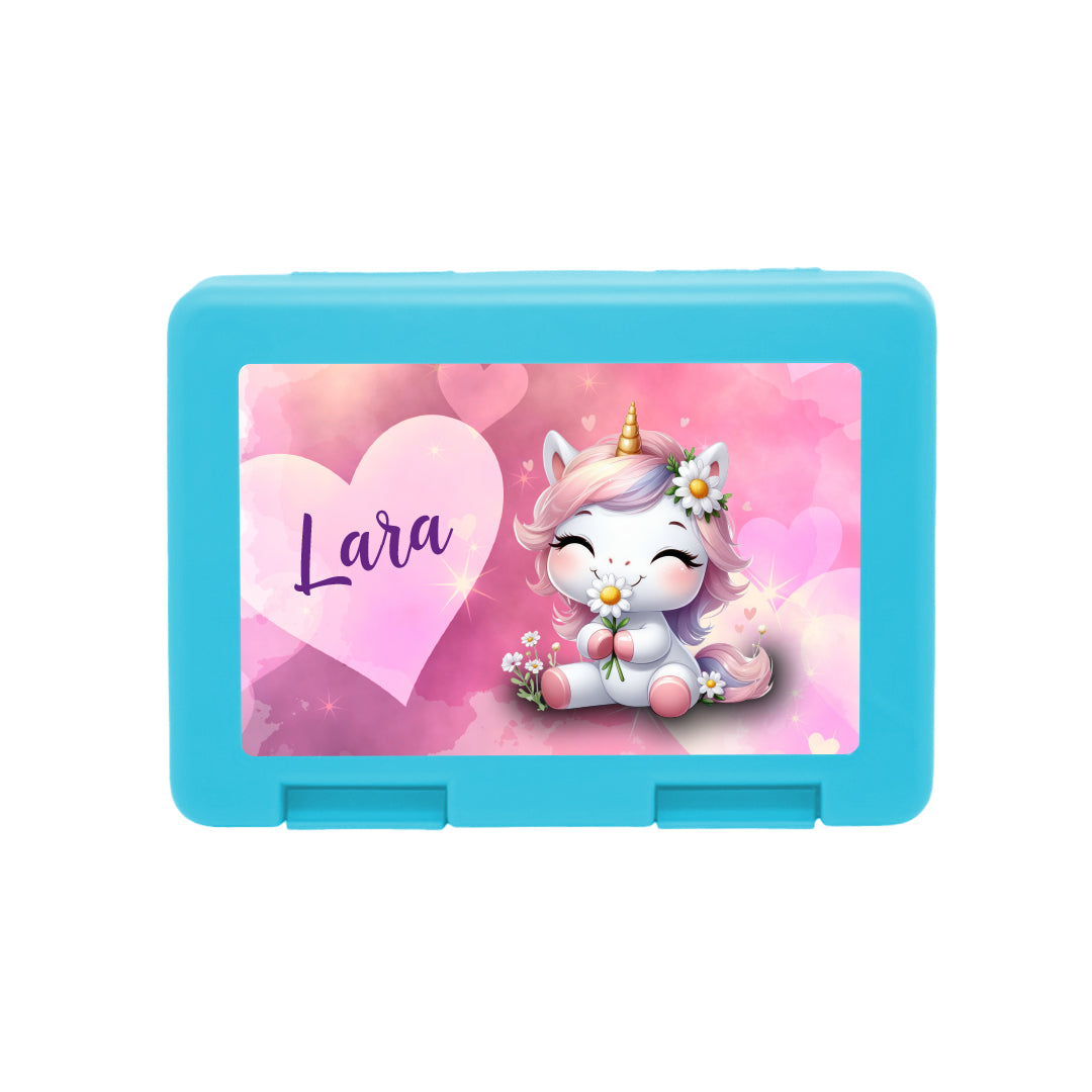Personalisierte Brotdose mit Einhorn in Love-Motiv