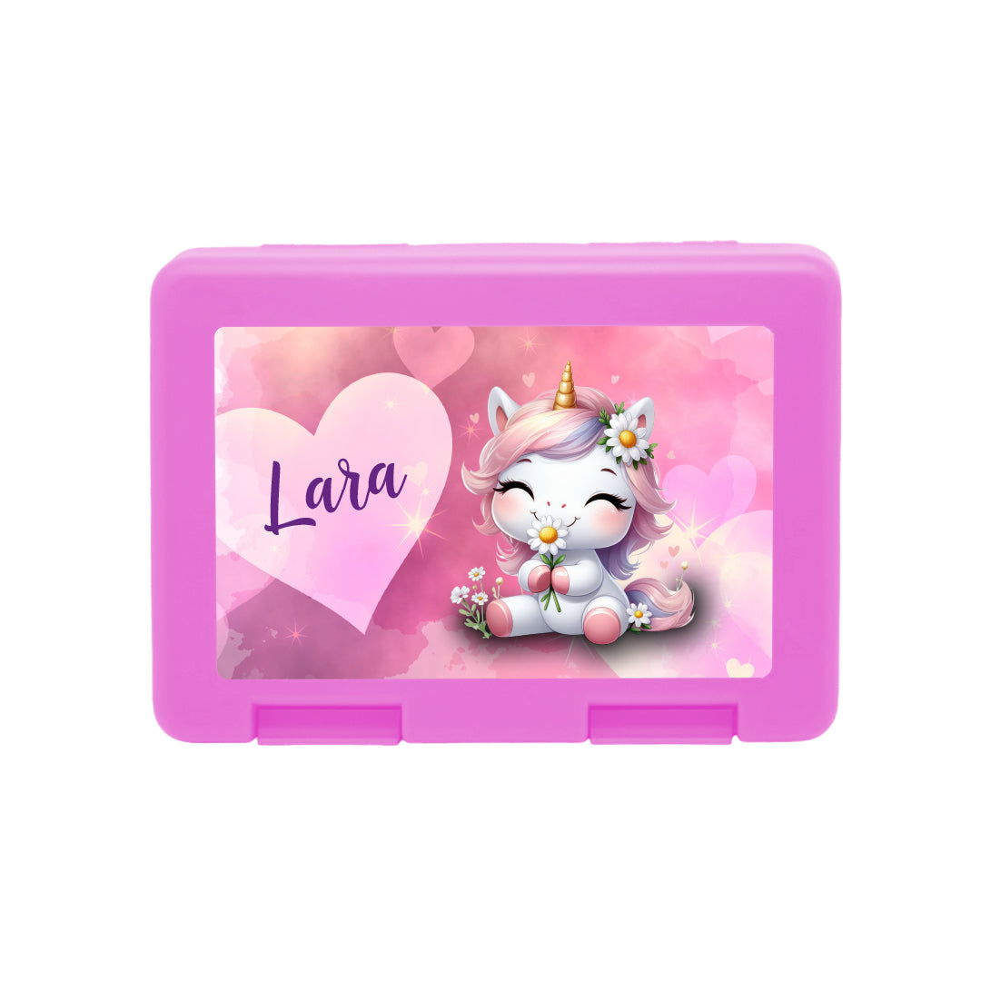 Personalisierte Brotdose mit Einhorn in Love-Motiv