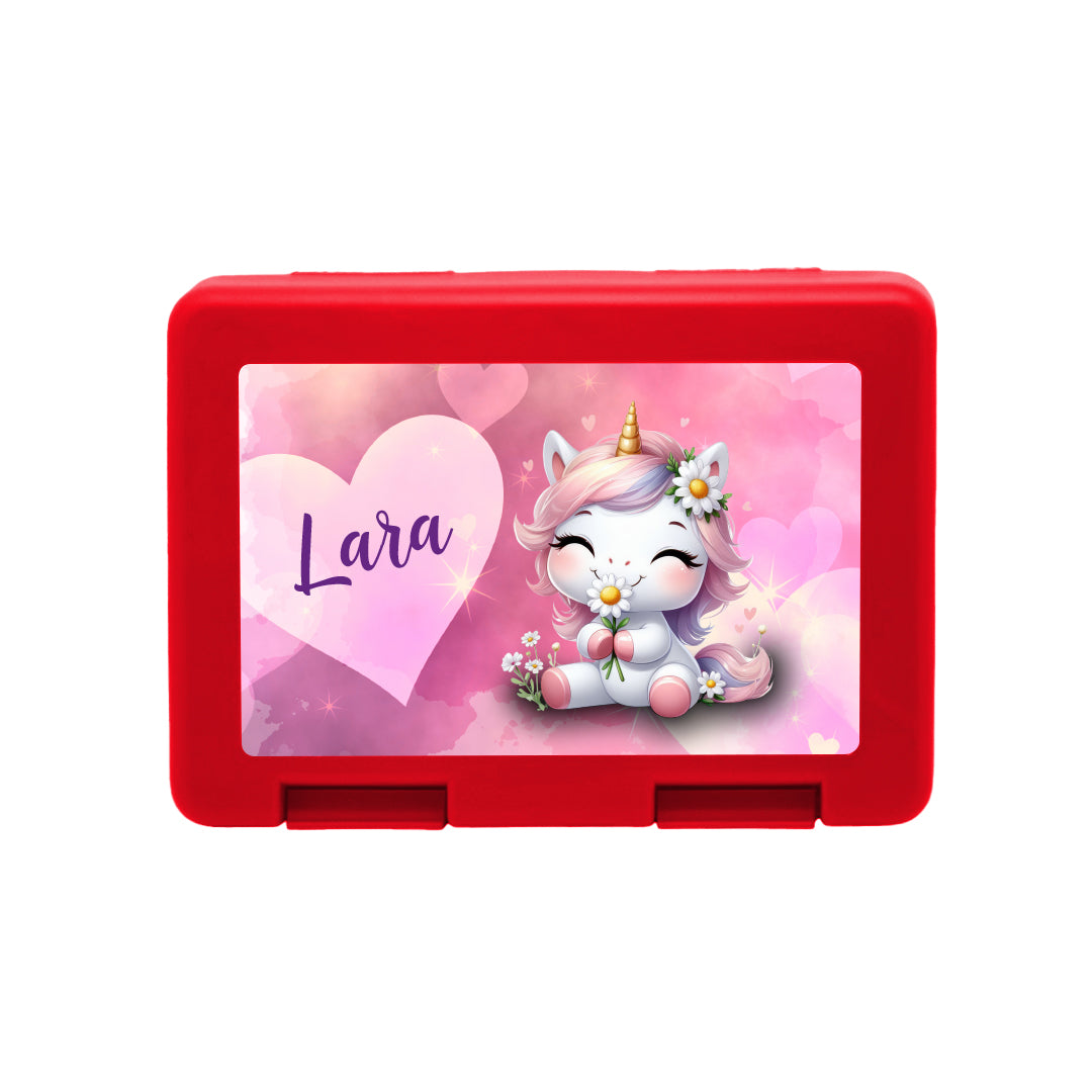 Personalisierte Brotdose mit Einhorn in Love-Motiv