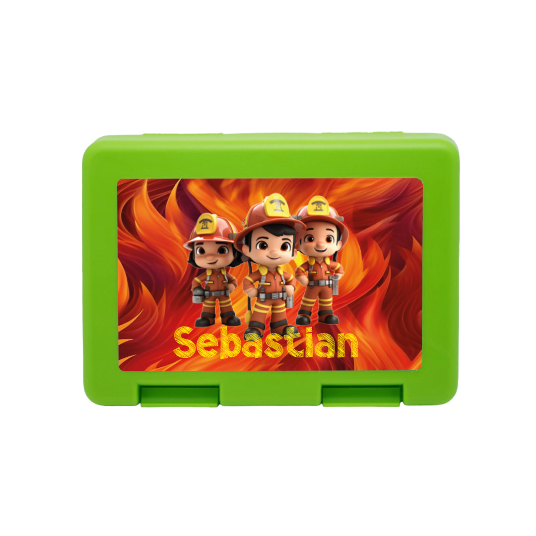 Personalisierte Brotdose mit Feuerwehrcrew-Motiv