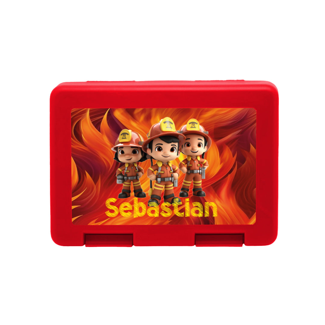 Personalisierte Brotdose mit Feuerwehrcrew-Motiv