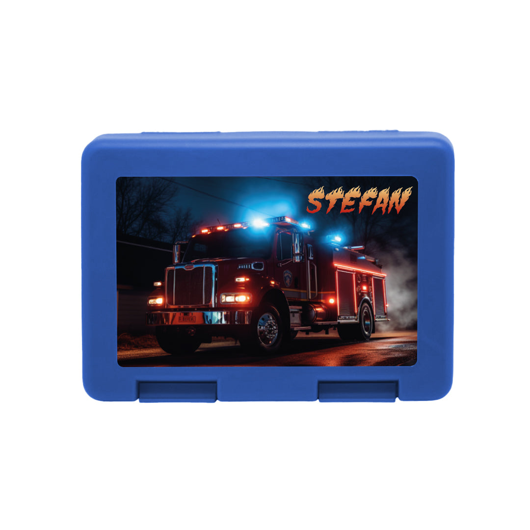 Personalisierte Brotdose mit Feuerwehrtruck-Motiv