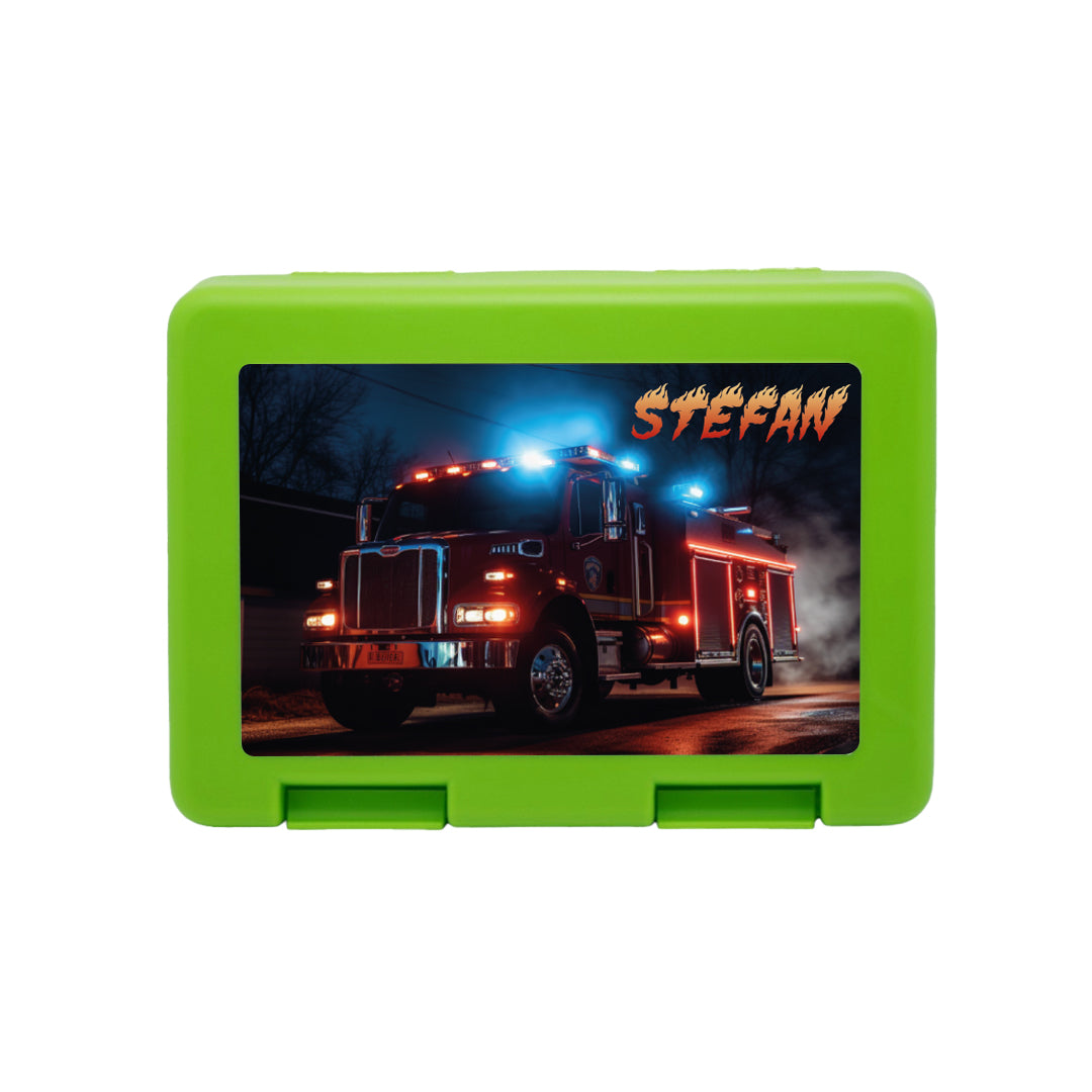 Personalisierte Brotdose mit Feuerwehrtruck-Motiv