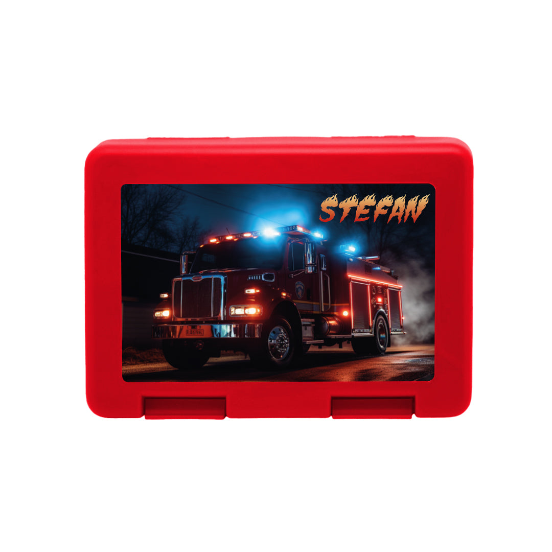 Personalisierte Brotdose mit Feuerwehrtruck-Motiv