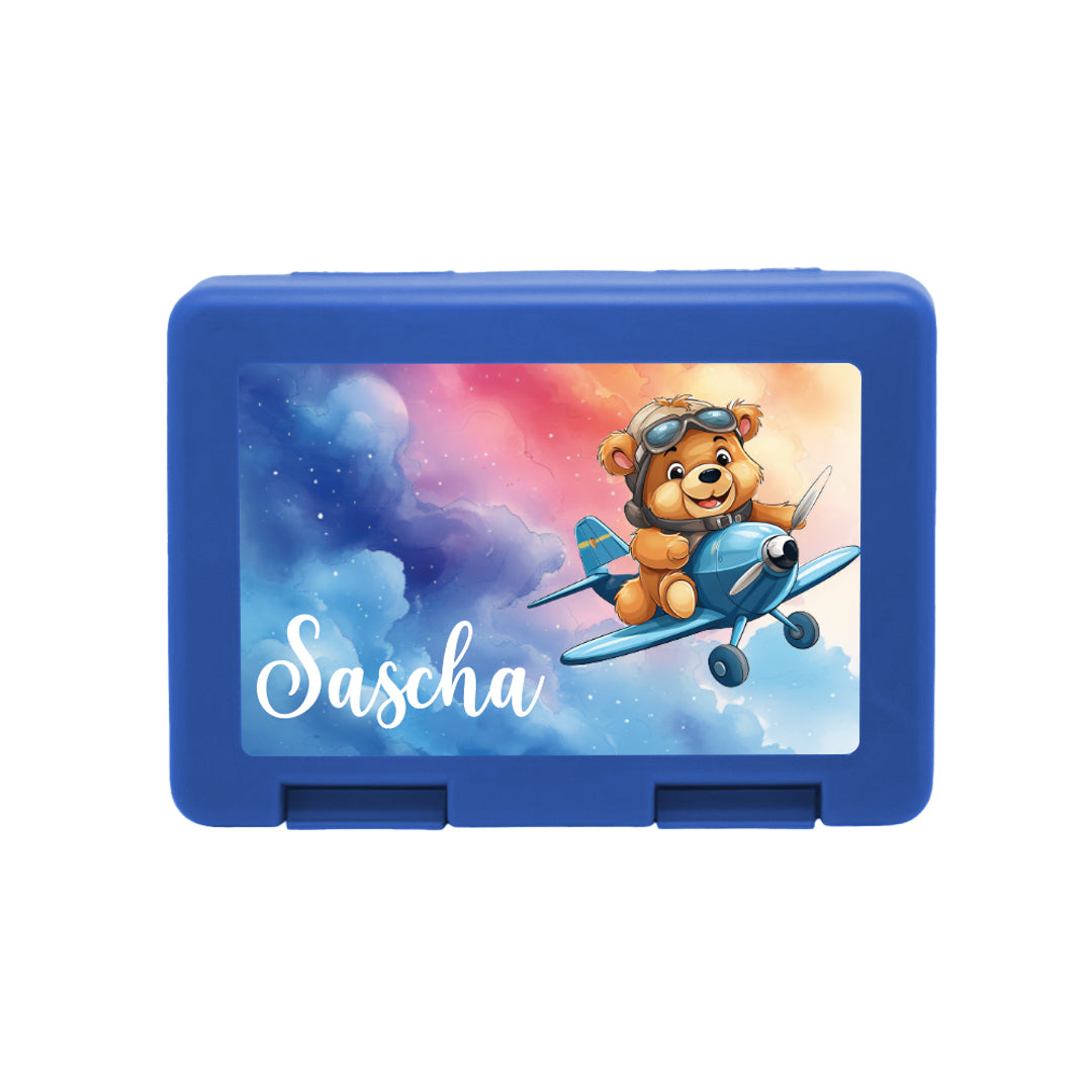 Personalisierte Brotdose mit Fliegerbär-Motiv