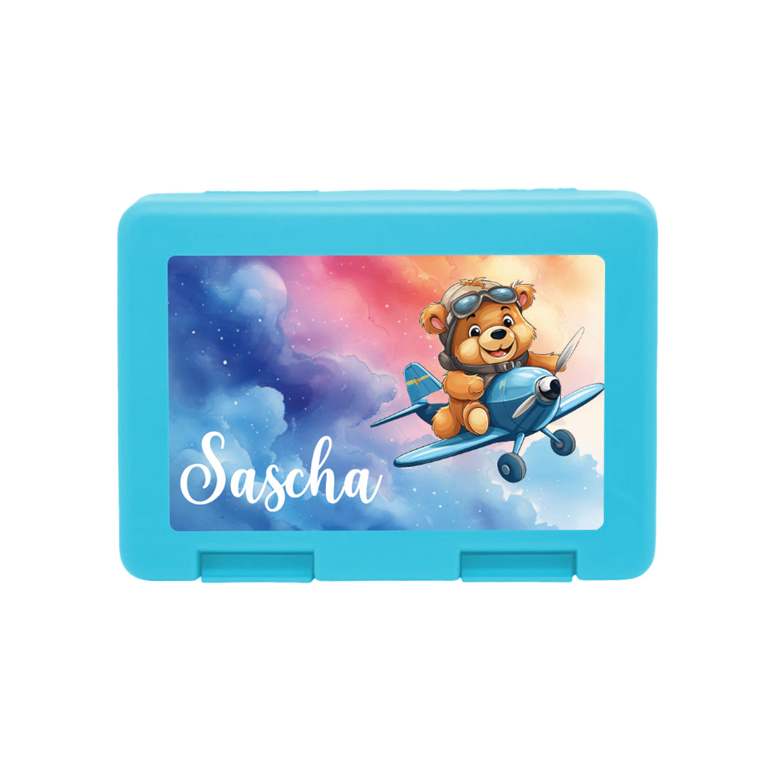 Personalisierte Brotdose mit Fliegerbär-Motiv