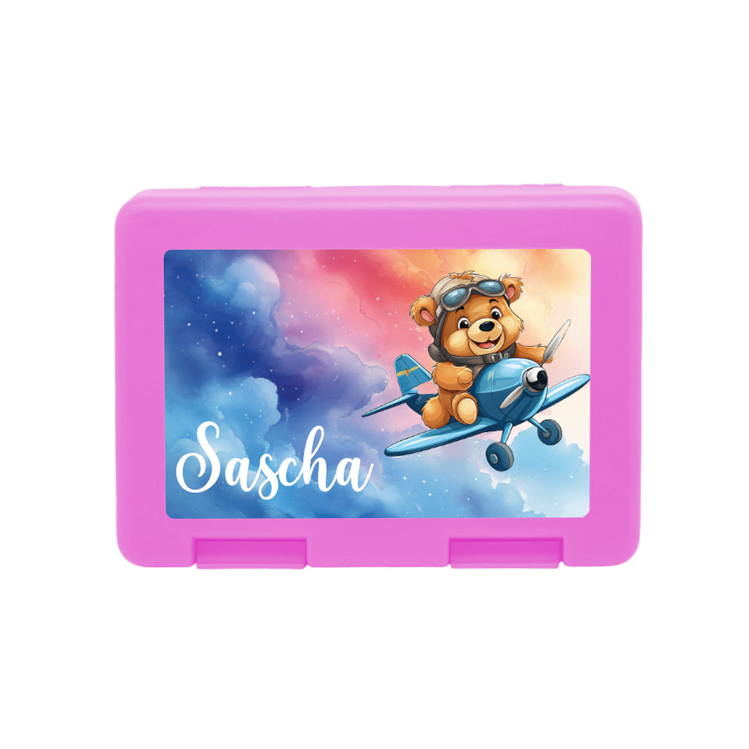 Personalisierte Brotdose mit Fliegerbär-Motiv