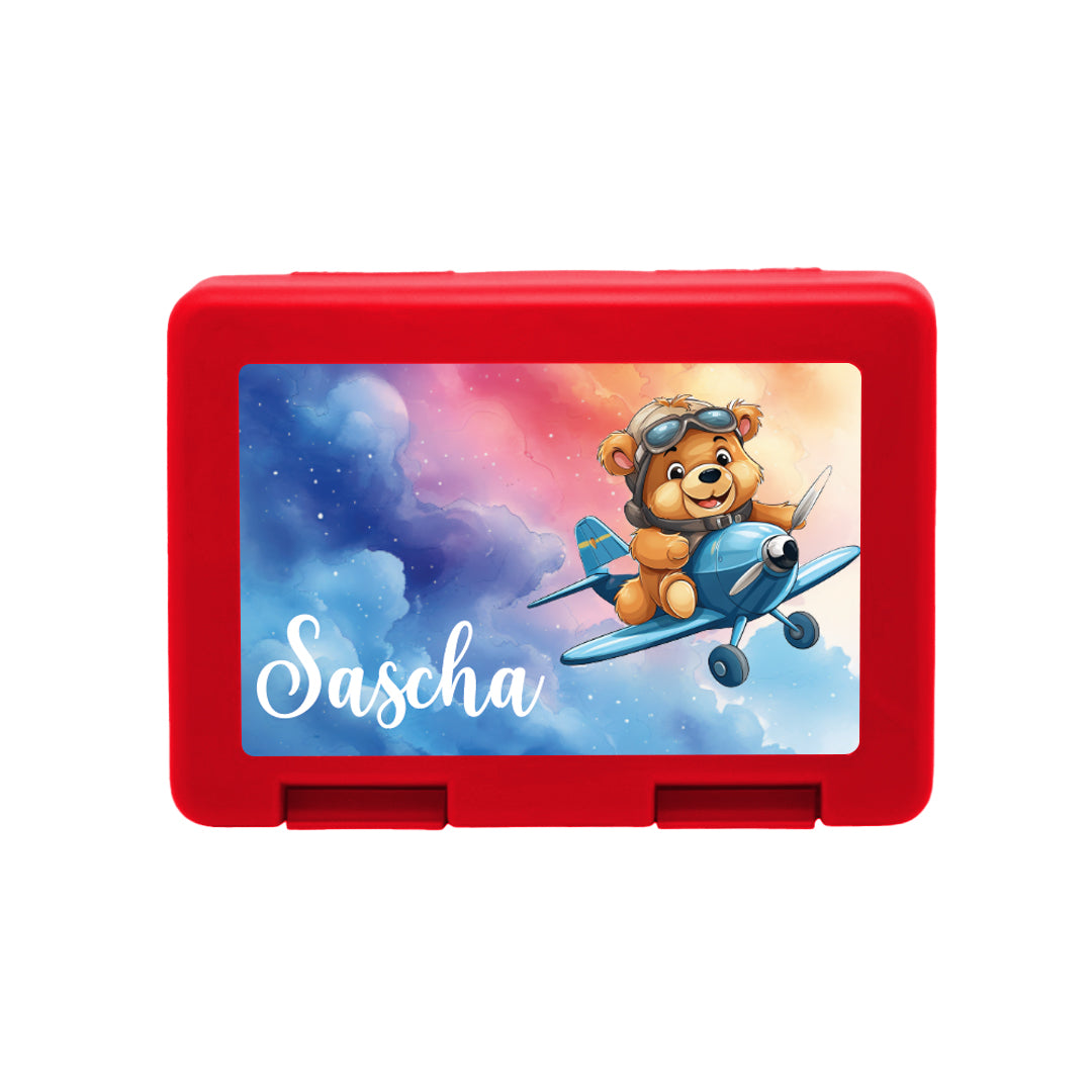 Personalisierte Brotdose mit Fliegerbär-Motiv