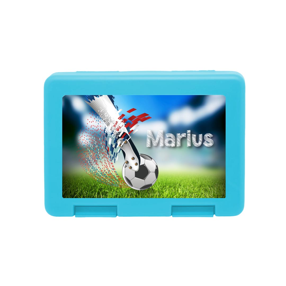 Personalisierte Brotdose mit Fußball-Torschuss-Motiv