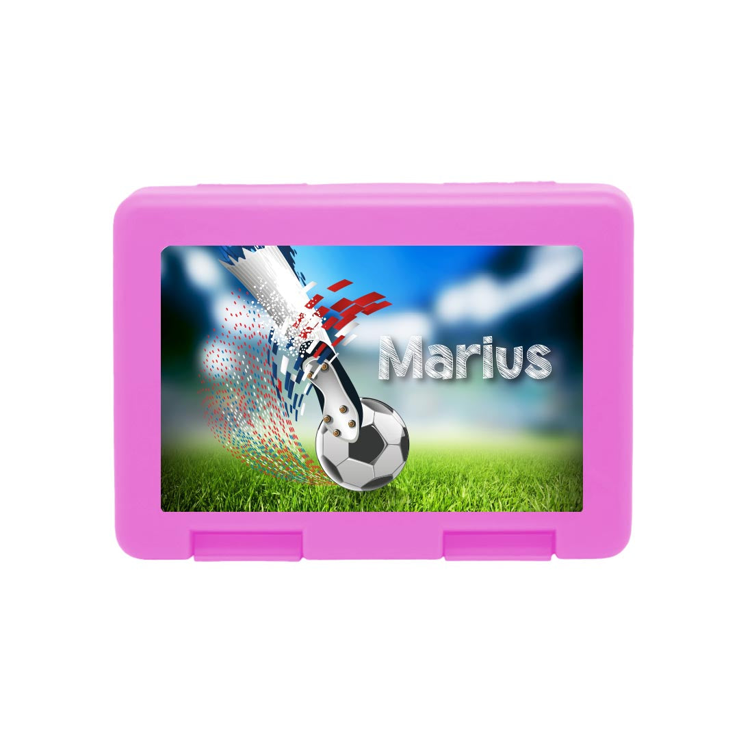 Personalisierte Brotdose mit Fußball-Torschuss-Motiv