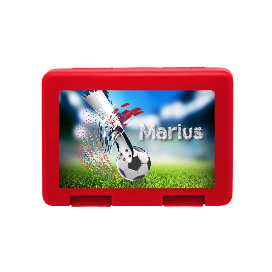 Personalisierte Brotdose mit Fußball-Torschuss-Motiv