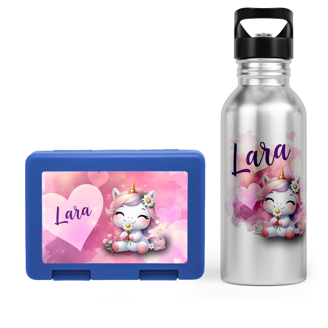 Schulstart Bundle No.9 – Einhorn in Love-Design Brotdose & Trinkflasche