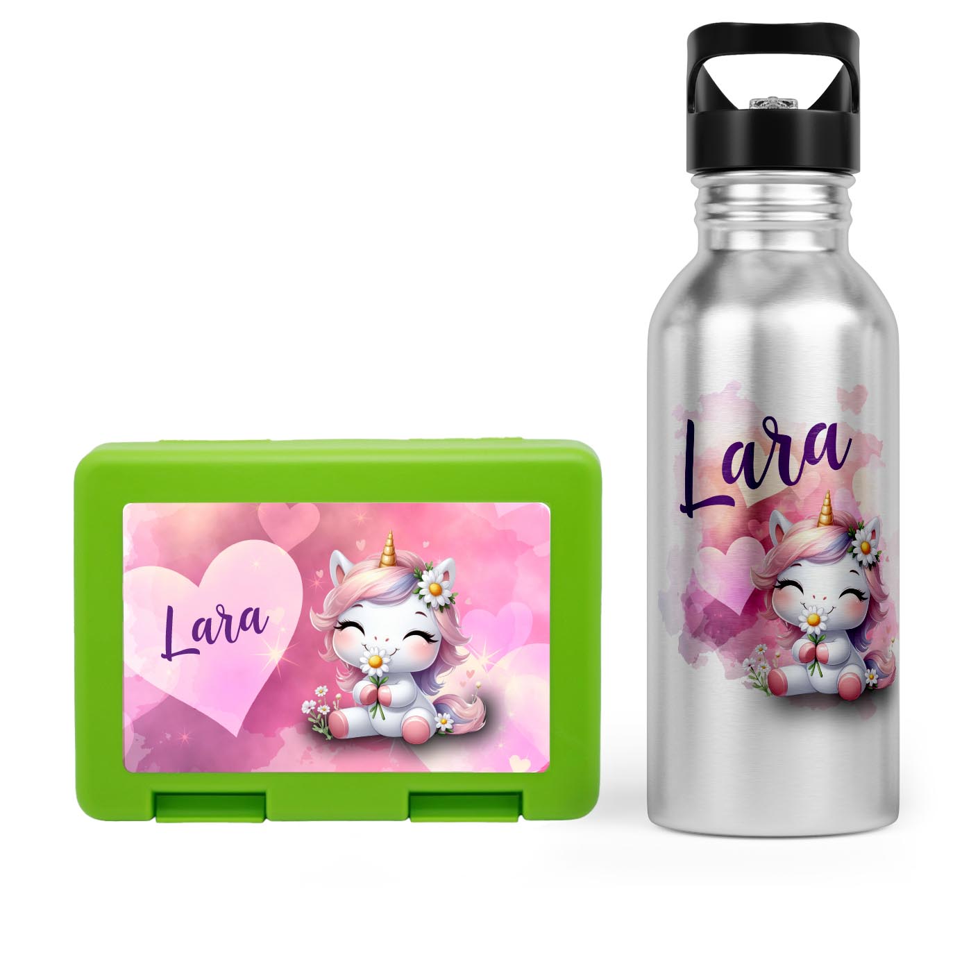 Schulstart Bundle No.9 – Einhorn in Love-Design Brotdose & Trinkflasche