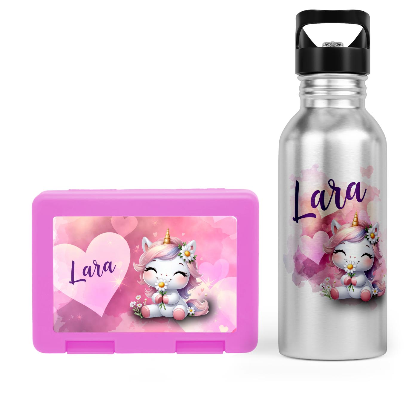 Schulstart Bundle No.9 – Einhorn in Love-Design Brotdose & Trinkflasche