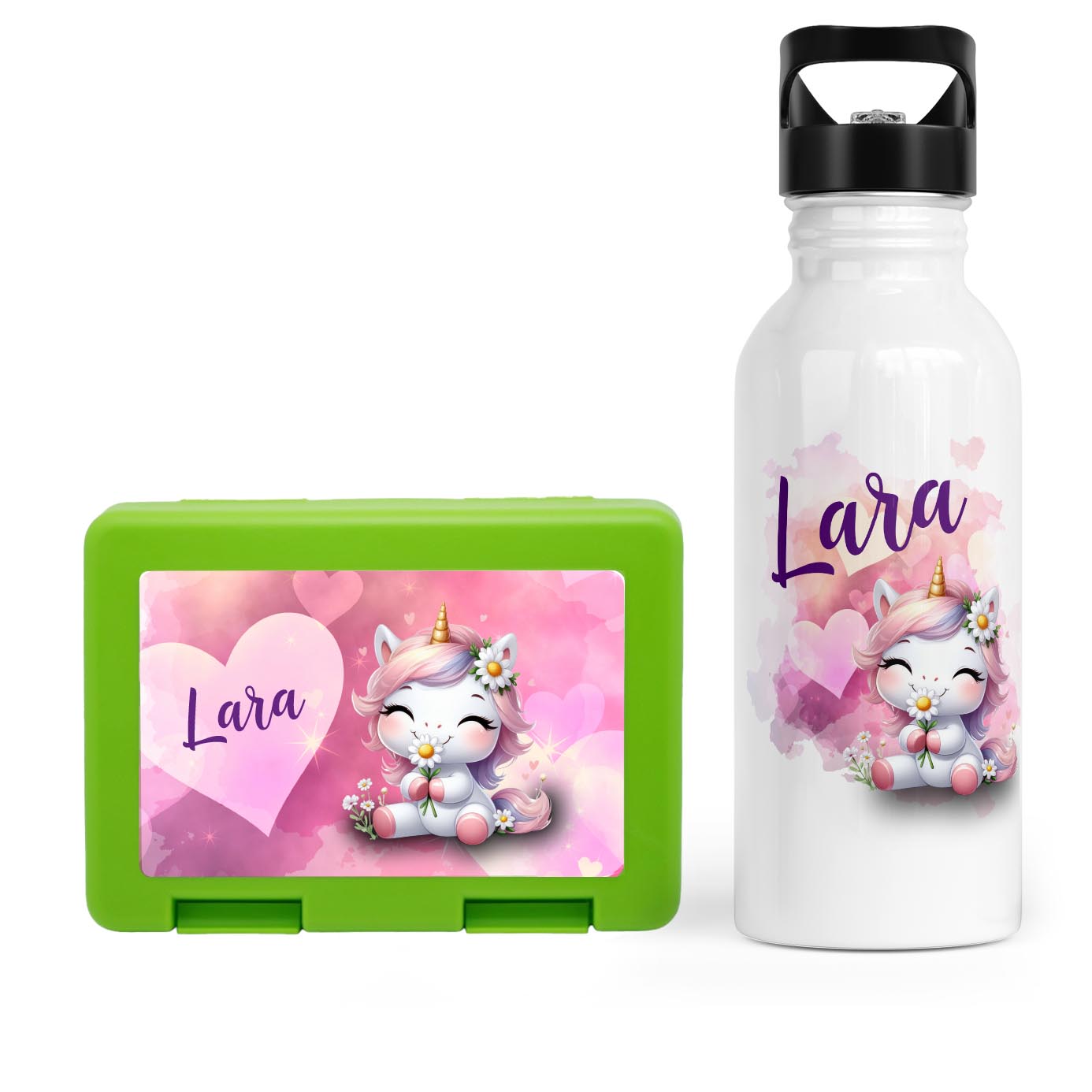 Schulstart Bundle No.10 – Einhorn in Love-Design Brotdose & Trinkflasche