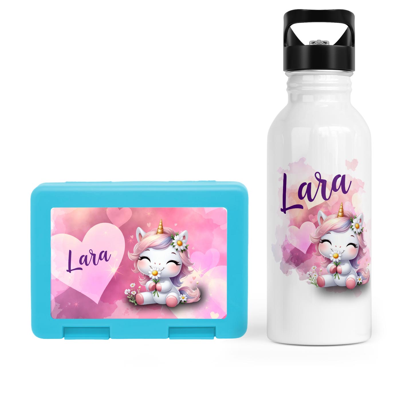 Schulstart Bundle No.10 – Einhorn in Love-Design Brotdose & Trinkflasche