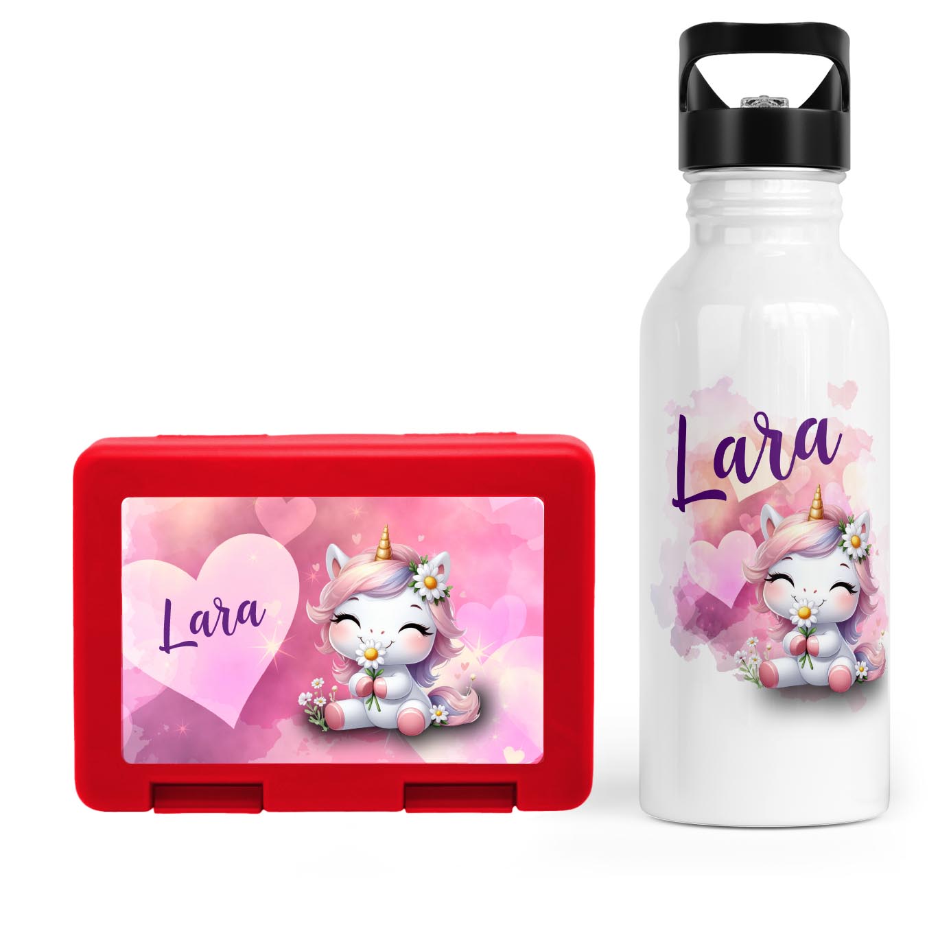 Schulstart Bundle No.10 – Einhorn in Love-Design Brotdose & Trinkflasche