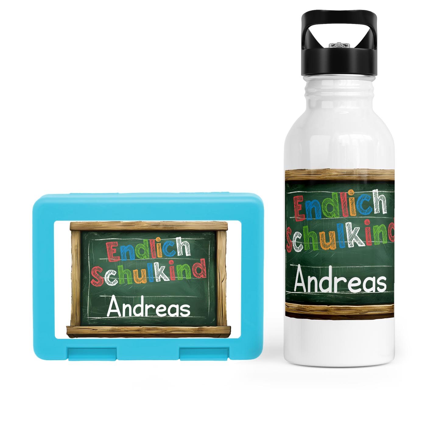 Schulstart Bundle No.6 - "Endlich Schulkind"-Tafel Design Brotdose & Trinkflasche Personalisierbar