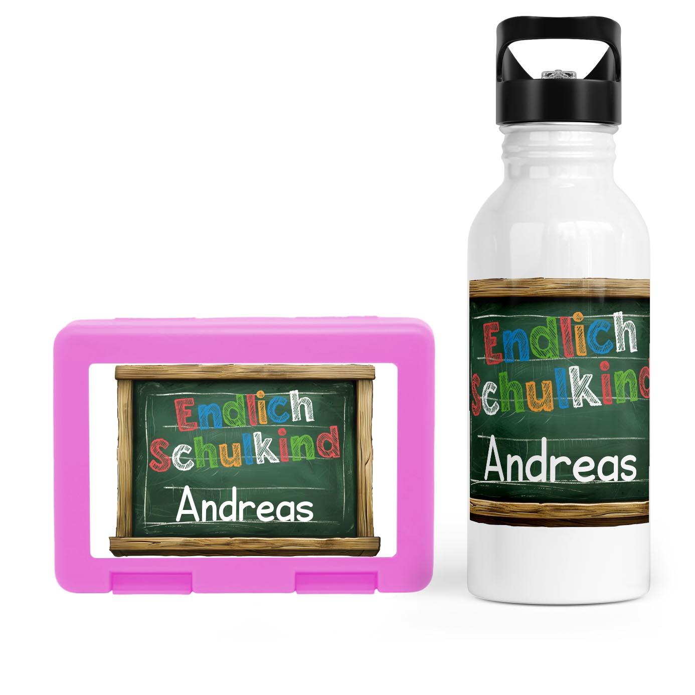 Schulstart Bundle No.6 - "Endlich Schulkind"-Tafel Design Brotdose & Trinkflasche Personalisierbar