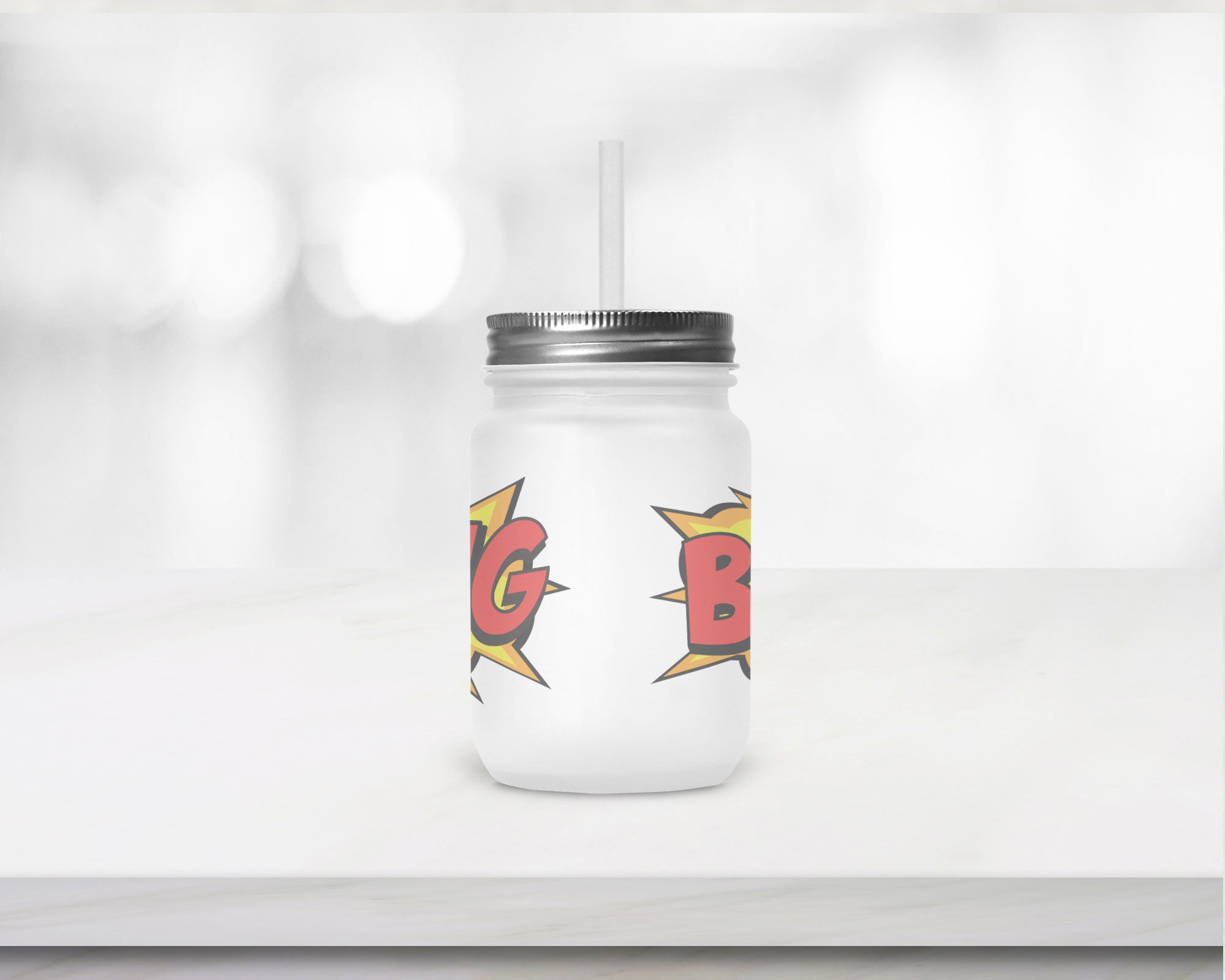 Henkelglas "BANG" mit Deckel und Trinkhalm