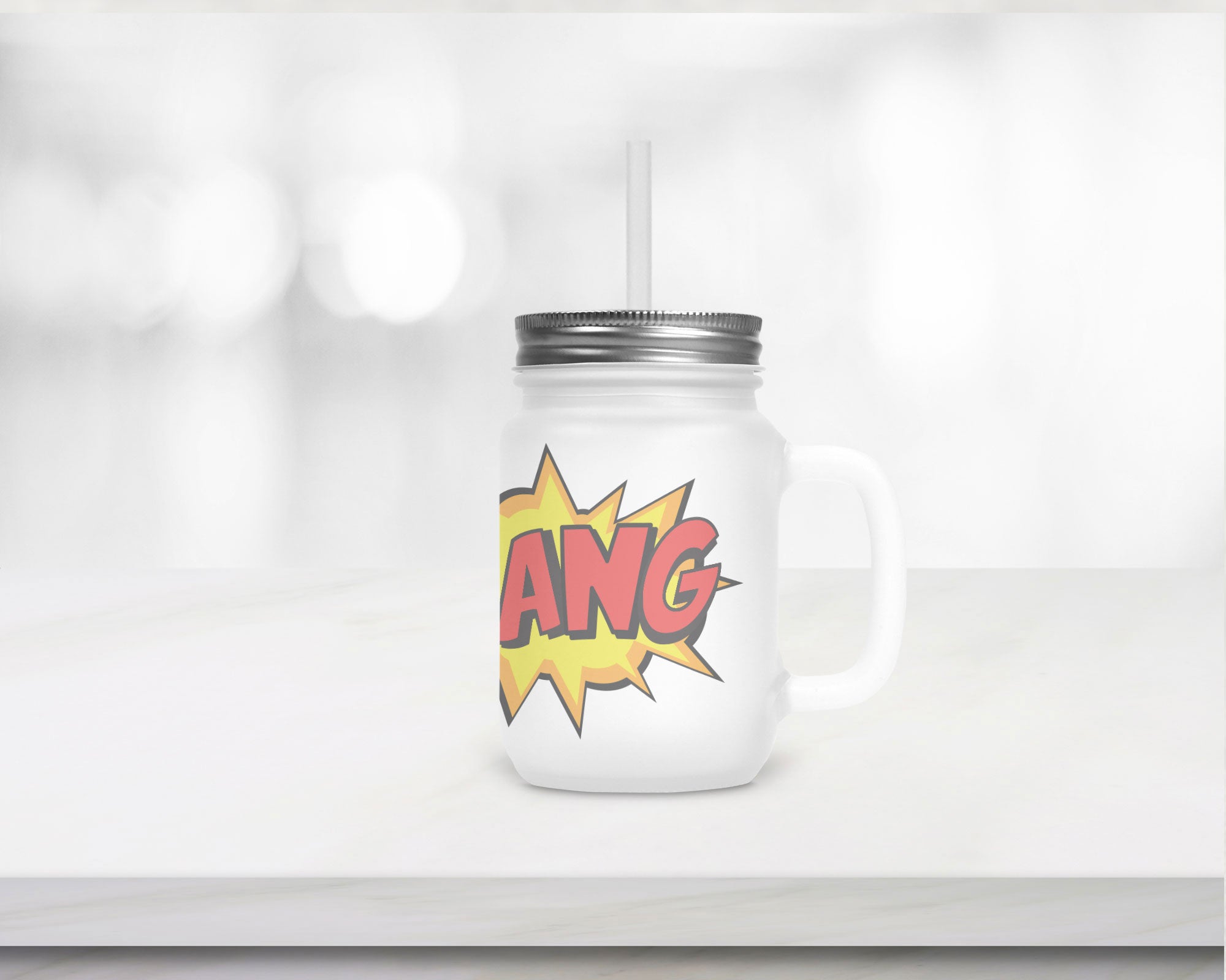 Henkelglas "BANG" mit Deckel und Trinkhalm