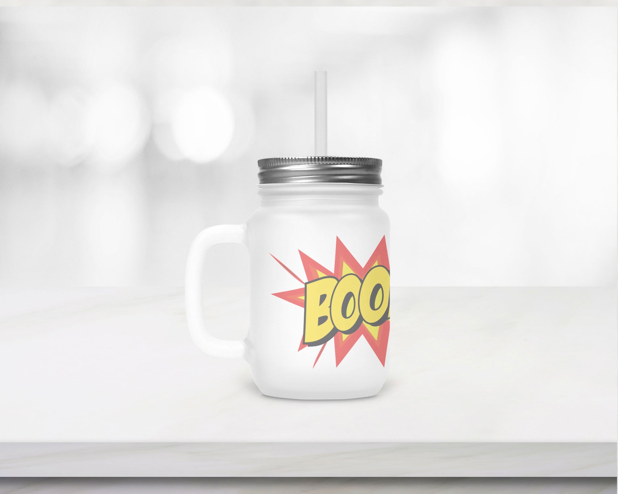 Henkelglas "BOOM" mit Deckel und Trinkhalm