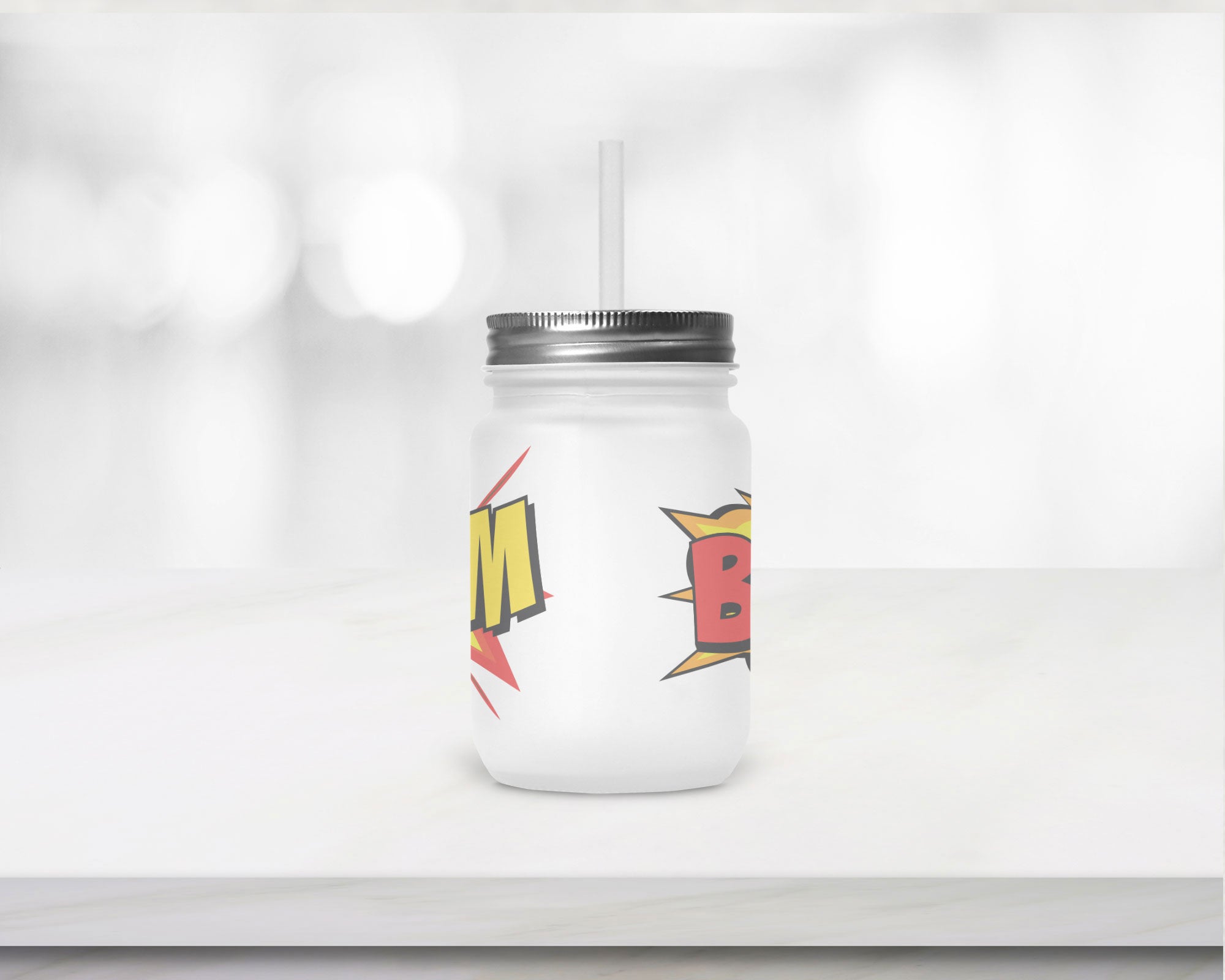 Henkelglas "BOOM" mit Deckel und Trinkhalm