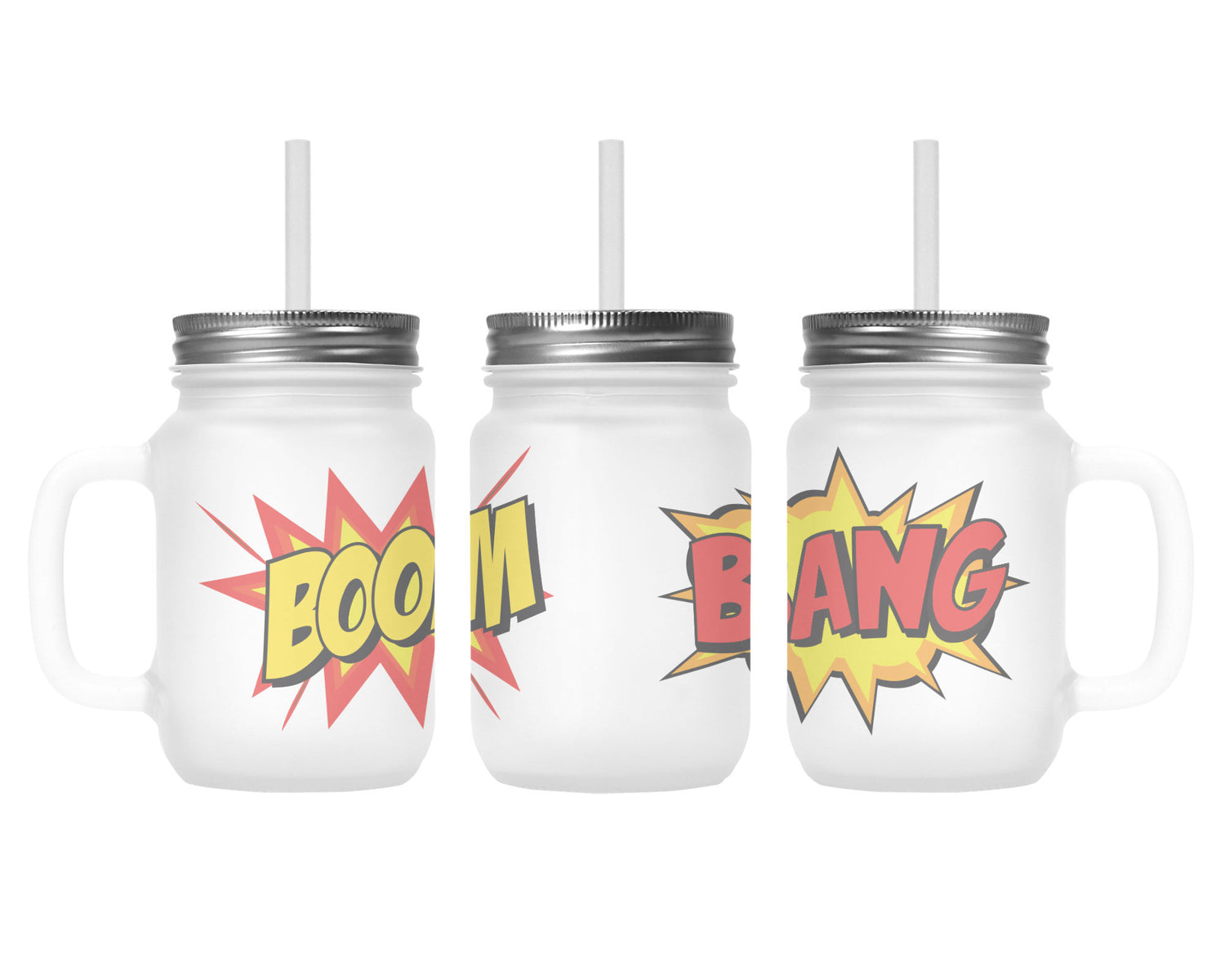 Henkelglas "BOOM" mit Deckel und Trinkhalm