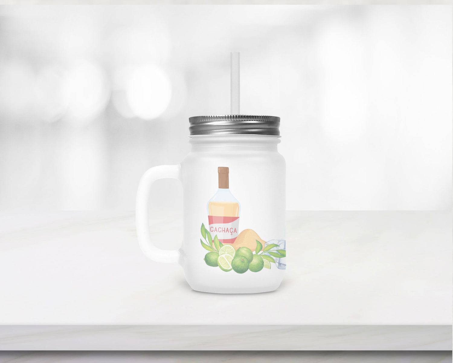 Henkelglas mit Deckel, Trinkhalm und Caipirinha-Rezept