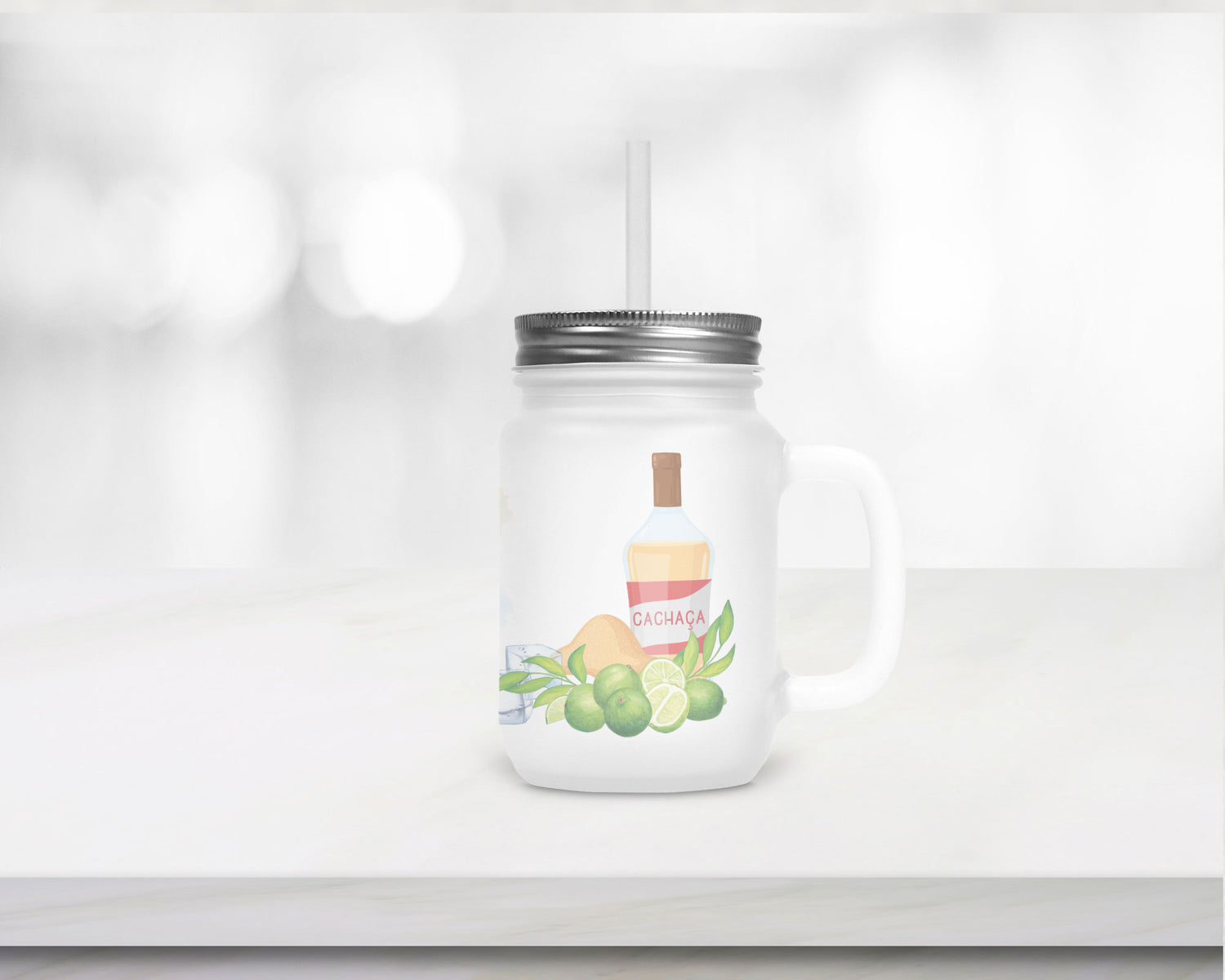 Henkelglas mit Deckel, Trinkhalm und Caipirinha-Rezept