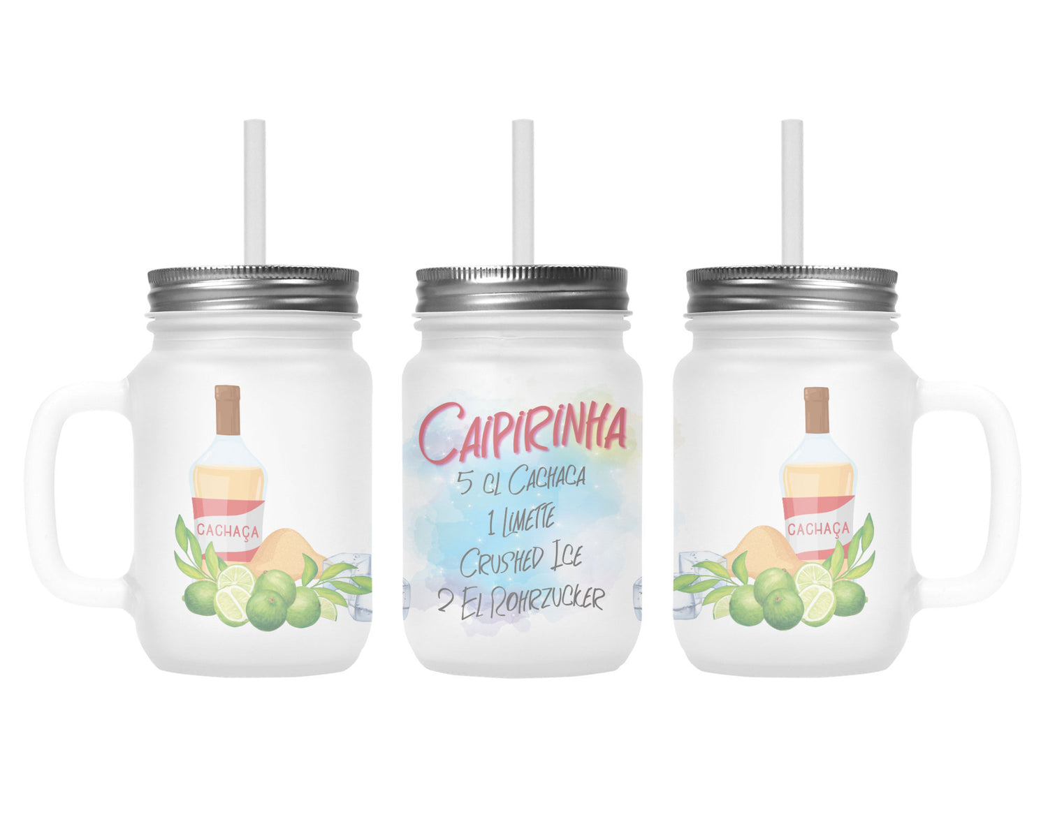 Henkelglas mit Deckel, Trinkhalm und Caipirinha-Rezept