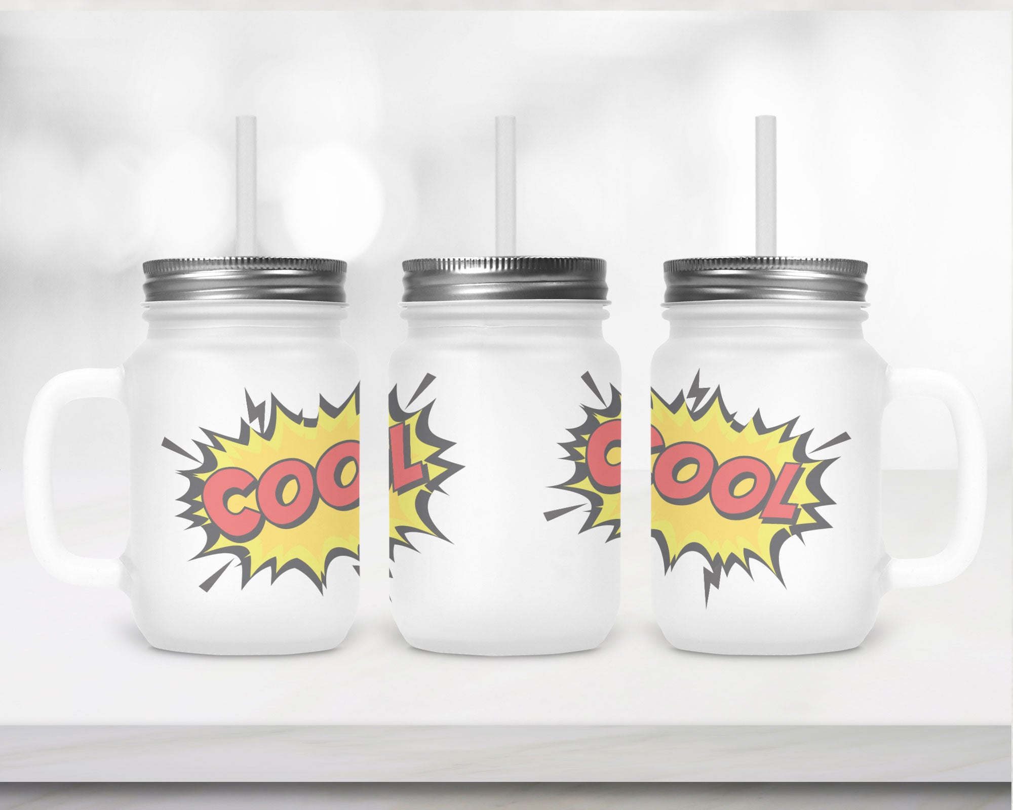 Henkelglas "COOL" mit Deckel und Trinkhalm