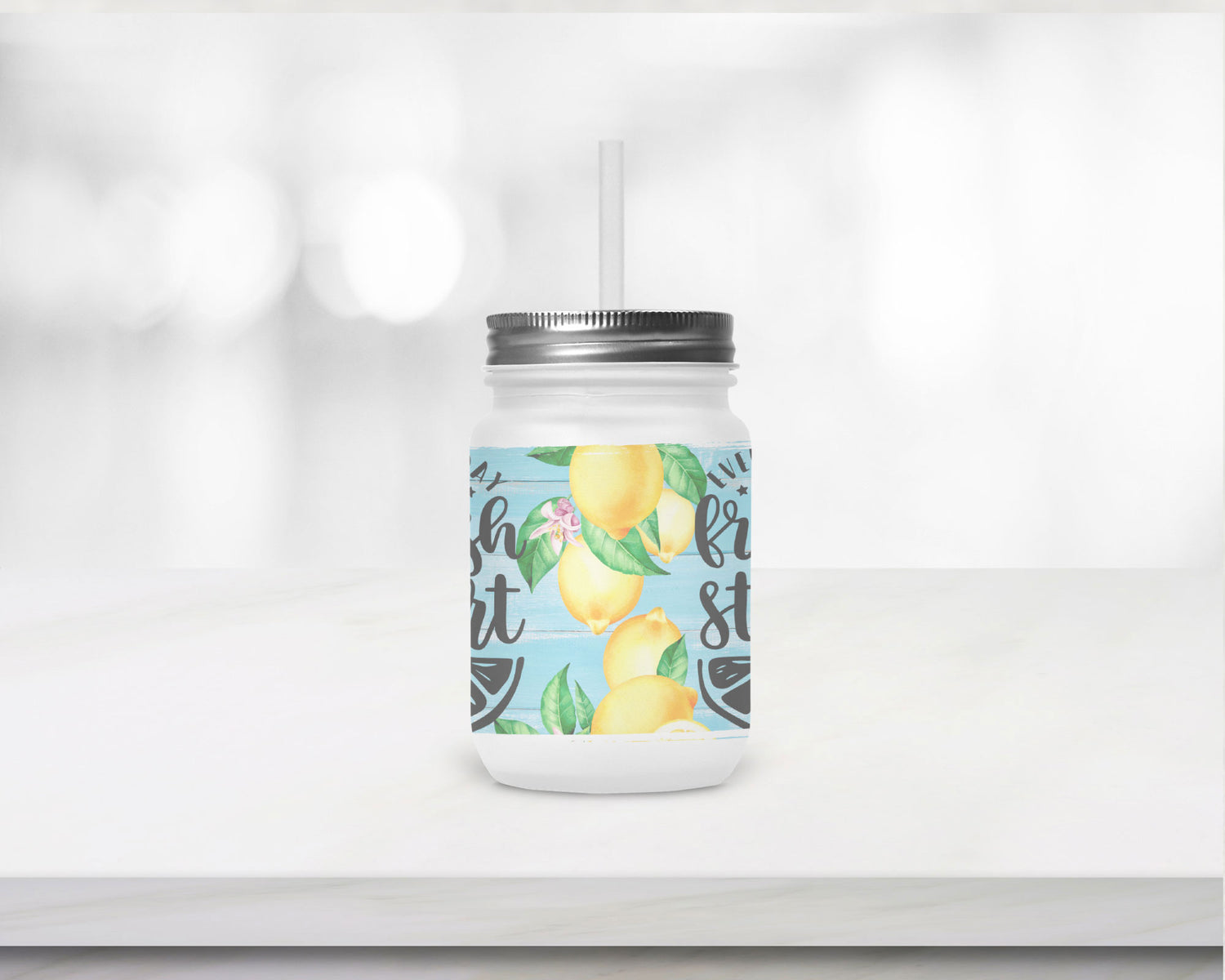 Henkelglas mit Deckel und Trinkhalm Start every Day