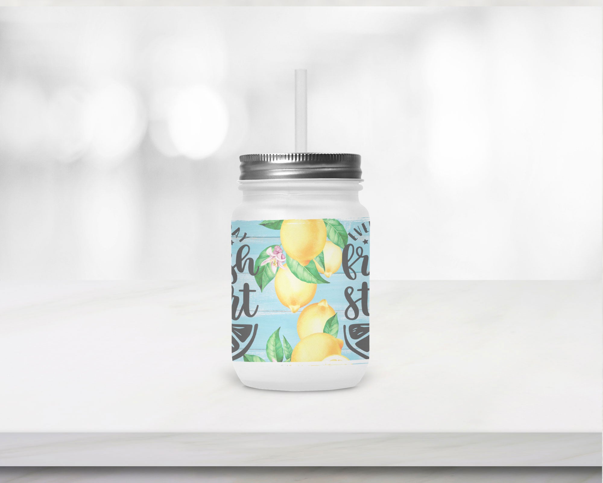 Henkelglas mit Deckel und Trinkhalm Start every Day