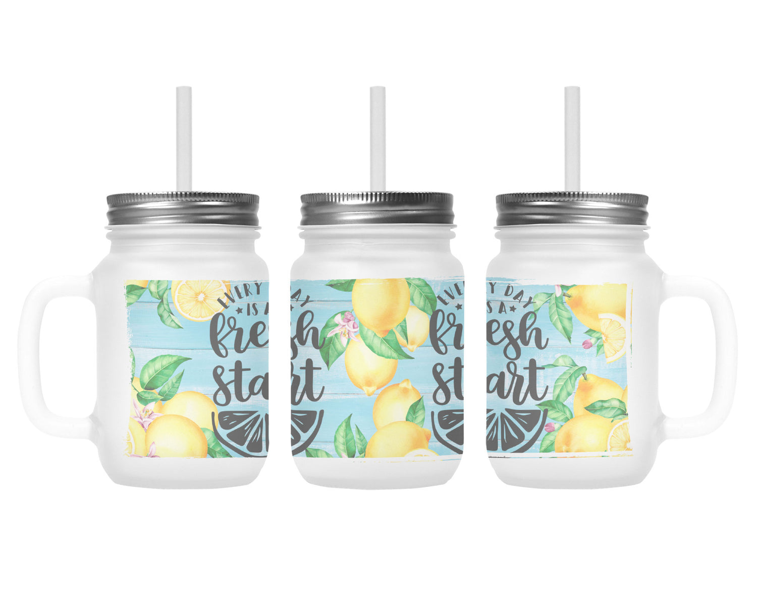 Henkelglas mit Deckel und Trinkhalm Start every Day