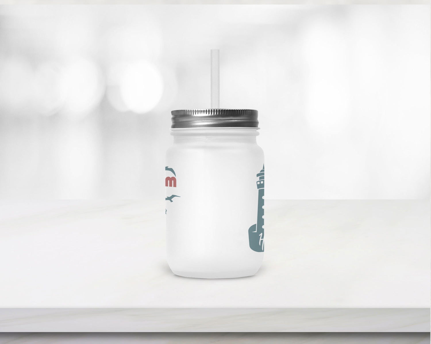 Henkelglas mit Deckel und Trinkhalm Die Familie ist unser Leuchtturm