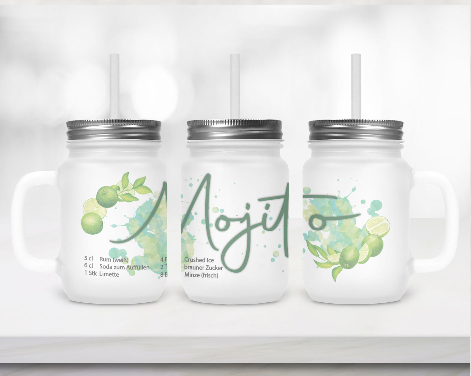 Henkelglas mit Deckel, Trinkhalm und Mojito-Rezept
