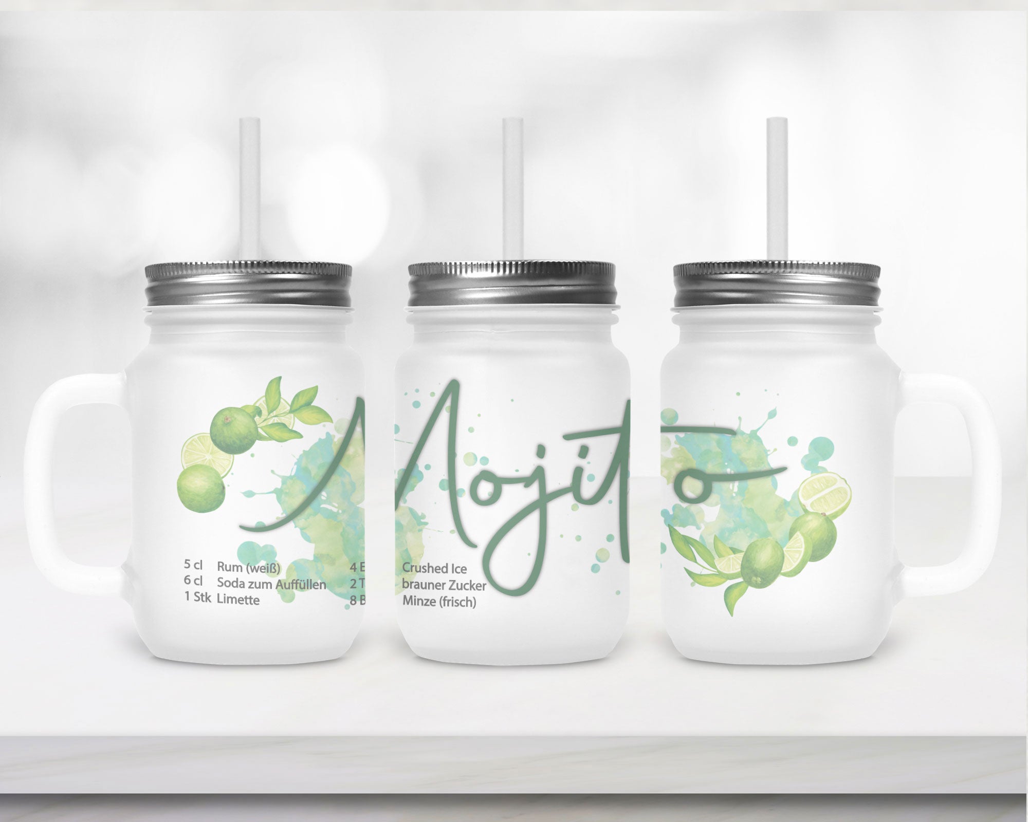 Henkelglas mit Deckel, Trinkhalm und Mojito-Rezept