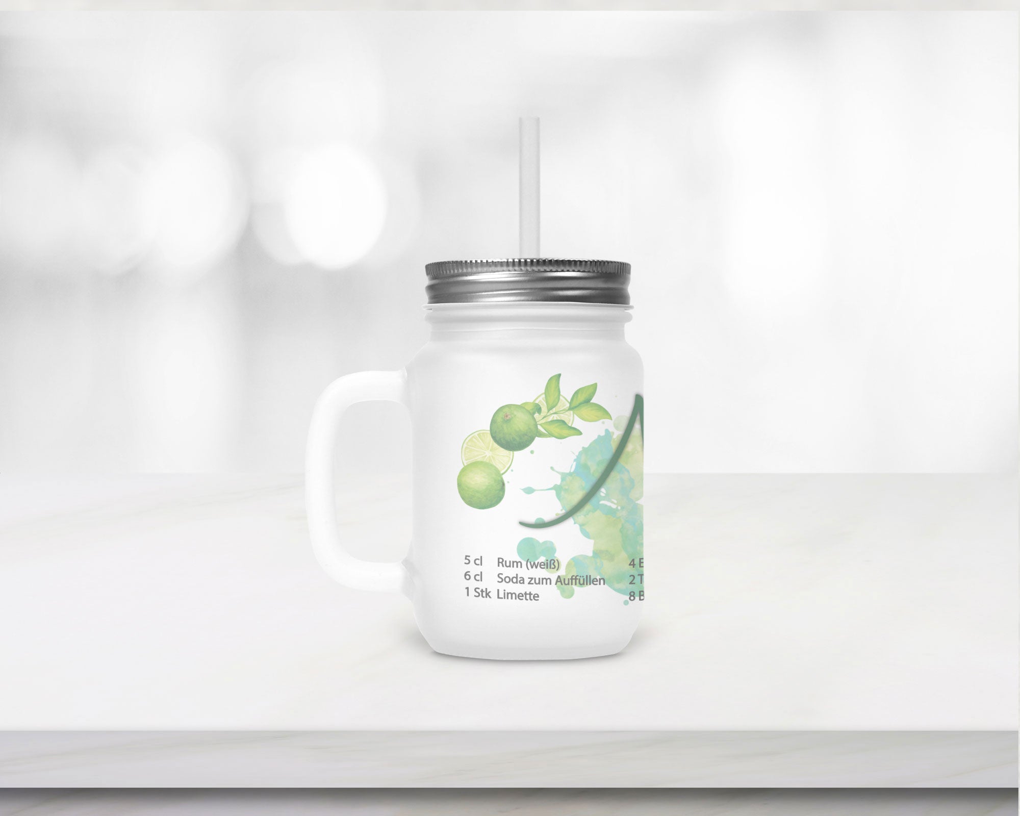 Henkelglas mit Deckel, Trinkhalm und Mojito-Rezept
