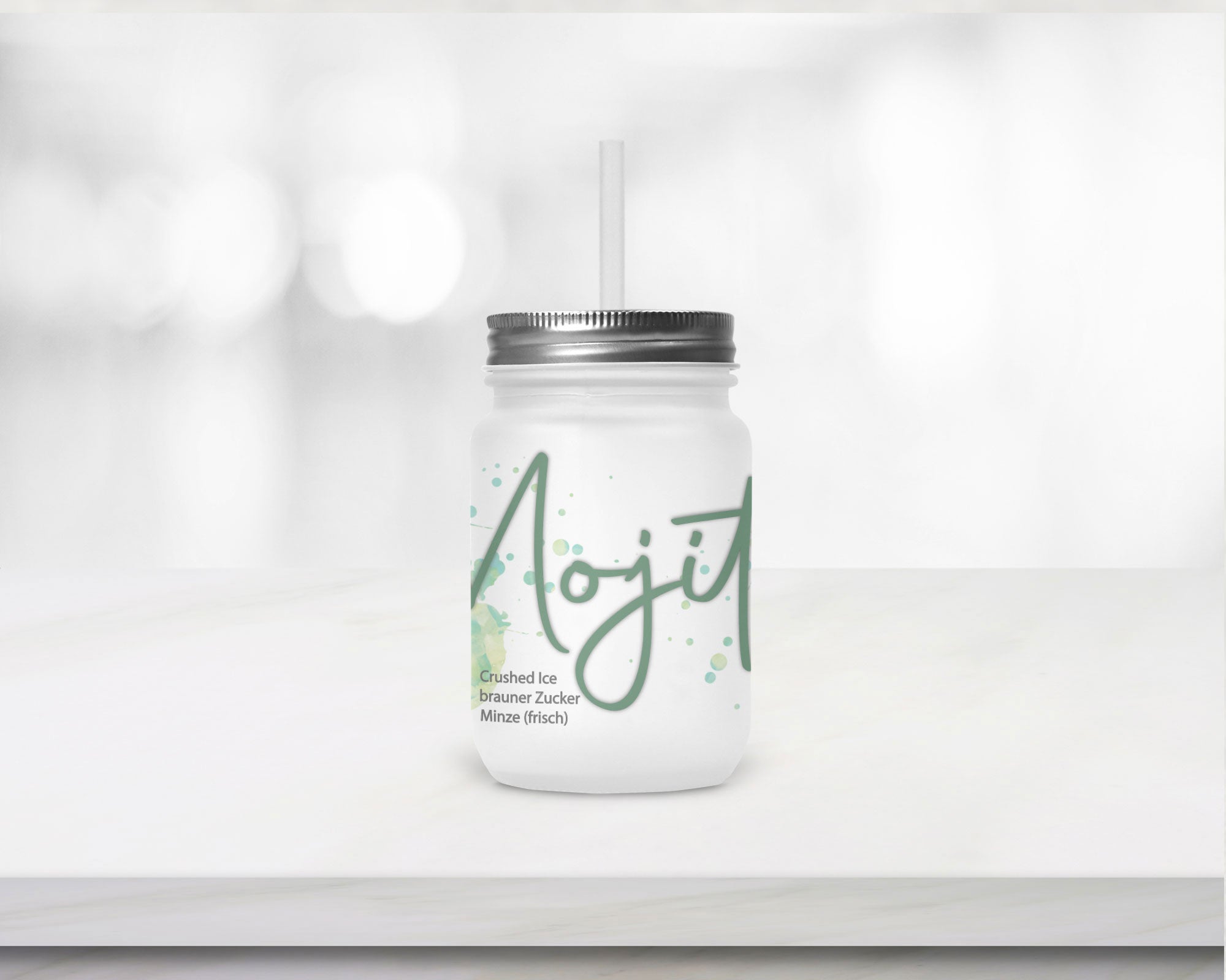 Henkelglas mit Deckel, Trinkhalm und Mojito-Rezept