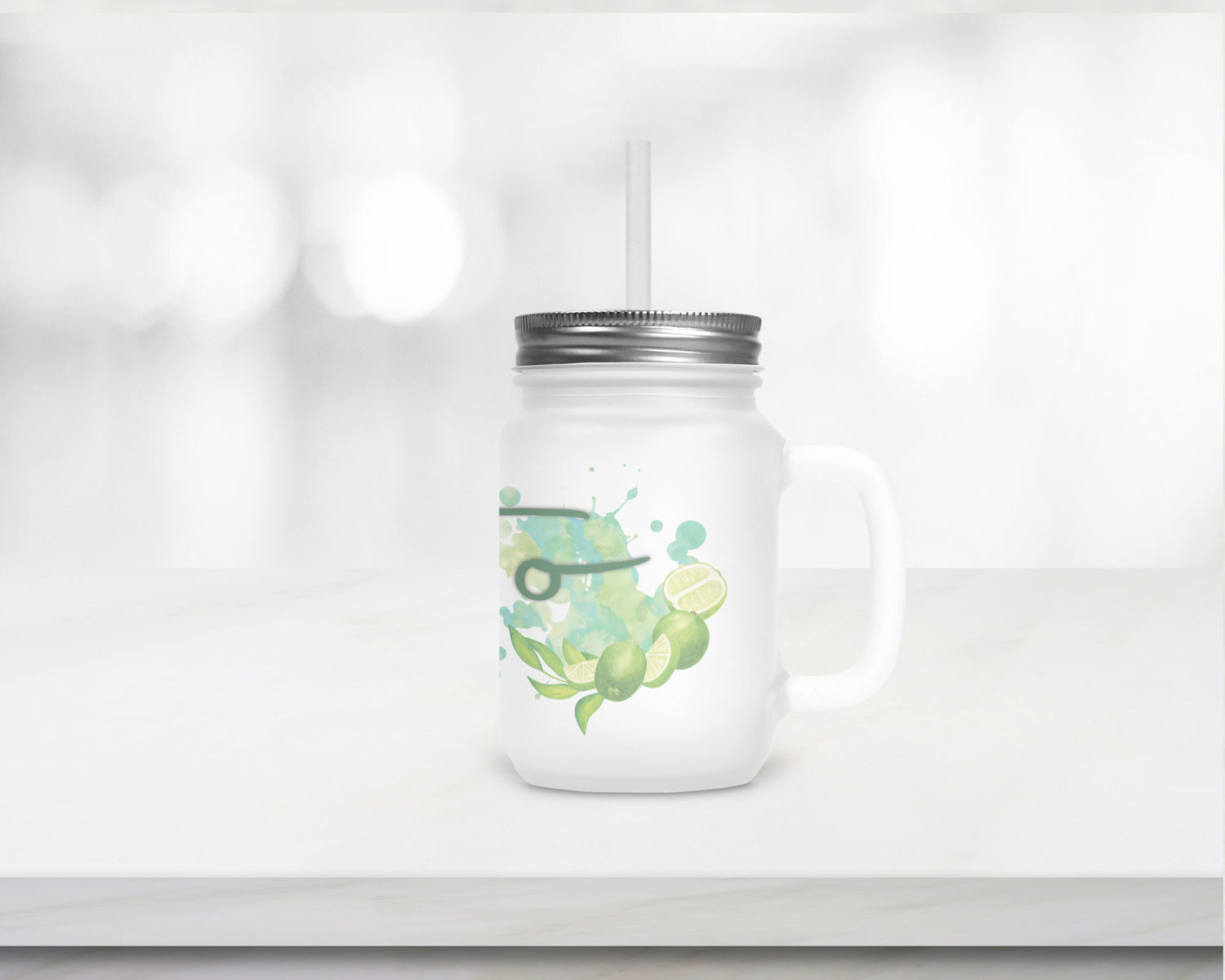 Henkelglas mit Deckel, Trinkhalm und Mojito-Rezept